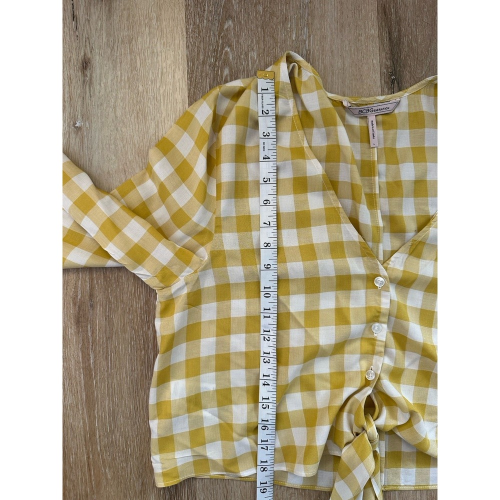 BCBGeneration Yellow Gingham Tie Front Blouse‎ Top L  Cottagecore Boho - Picture 3 of 4